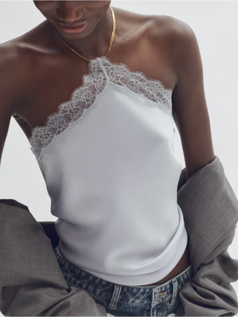 STELLA MCCARTNEY H&M
NWT LIGHT DUSTY  BLUE LACE-TRIMMED HALTERNECK TOP MEDIUM